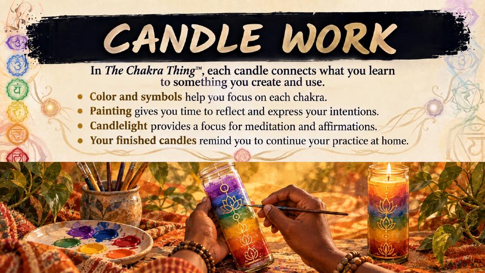 Candle work from The Chakra Thing orientation, showing painted chakra candles